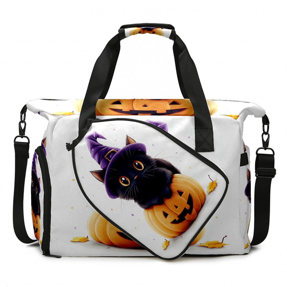 Large Gym Bag with Shoe Compartment, Water-Resistant Duffle Bag for Men and Women, Halloween Black Cat Pumpkin Witch Hat Sports Tote for Workout Travel