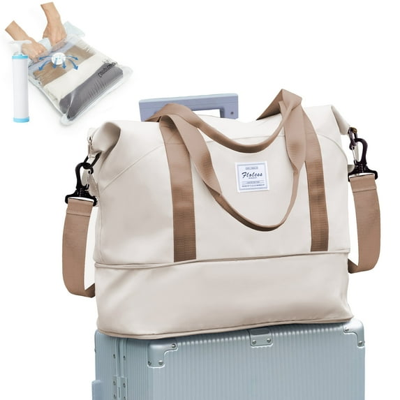 Travel Duffel Bag with Vacuum Storage Bags and Hand Pump, Sports Tote Gym For Spirit Airlines Personal Item Bag 18x14x8 Foldable, Carry on Shoulder Expandable Weekender Overnight for Women Beige