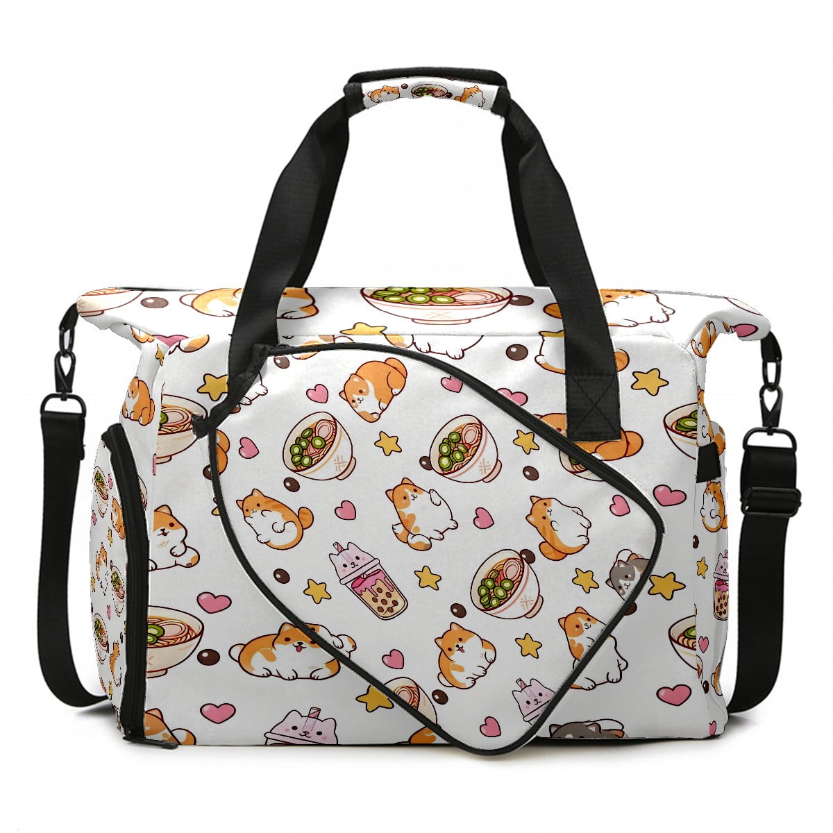 Large Gym Bag with Shoe Compartment, Water-Resistant Duffle Bag for Men and Women, Beige Food & Shiba Inu Sports Tote for Workout Travel