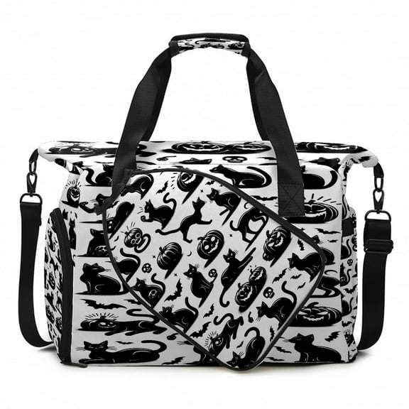 Large Gym Bag with Shoe Compartment, Water-Resistant Duffle Bag for Men and Women, Black Cats Silhouette Design Sports Tote for Workout Travel