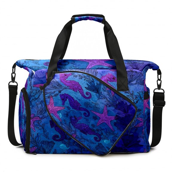 Large Gym Bag with Shoe Compartment, Water-Resistant Duffle Bag for Men and Women, Blue Purple Starfish Seahorses Sports Tote for Workout Travel