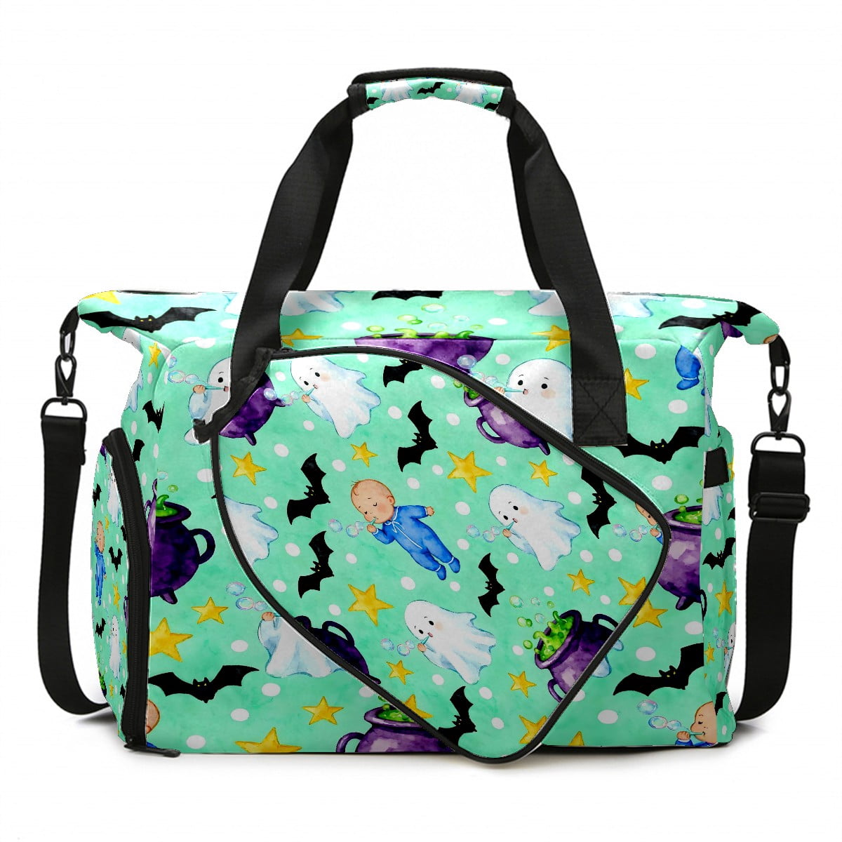 Large Gym Bag with Shoe Compartment, Water-Resistant Duffle Bag for Men and Women, Mint Green Halloween Ghosts & Baby Sports Tote for Workout Travel