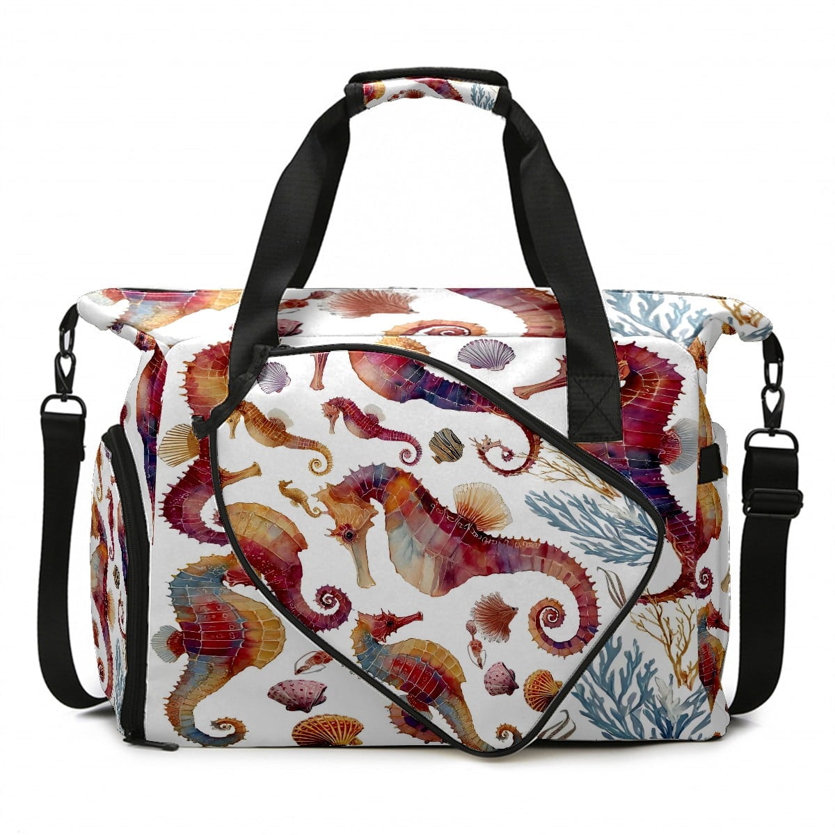 Large Gym Bag with Shoe Compartment, Water-Resistant Duffle Bag for Men and Women, Multicolor Seahorses Watercolor Sports Tote for Workout Travel
