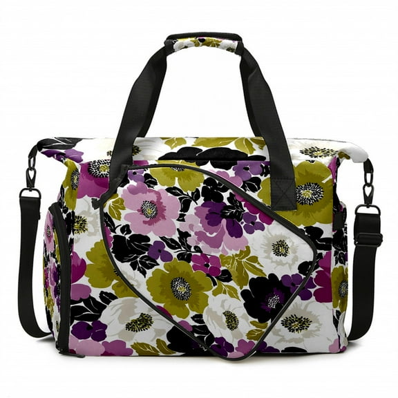 Large Gym Bag with Shoe Compartment, Water-Resistant Duffle Bag for Men and Women, Purple Green Mixed Flowers Vintage Sports Tote for Workout Travel