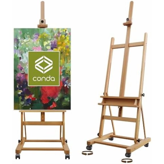 Large H-Frame Easel with Wheels, Premium Beech Wood Artist Easel, Adjustable & Tilting, Holds Canvases up to 48", Perfect for Painting, Drawing