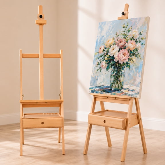 LAVFOX H-Frame Studio Easel with Storage Drawer, Adjustable Beechwood Artist Easel Stand Holds Canvas Up to 35 Inch, Natural