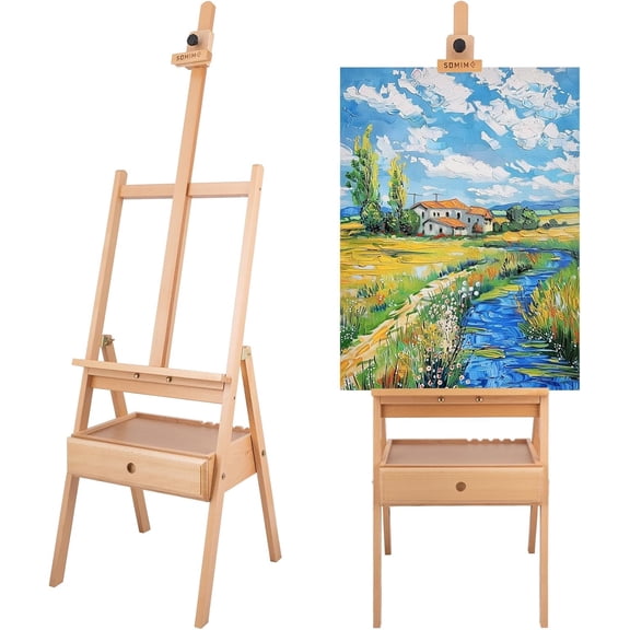 Large H-Frame Studio Easel, Solid Beechwood Adjustable Painting Stand with Storage Drawer, Professional Floor Easel for Canvases up to 35 Inches High, Natural Finish