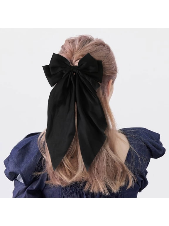 Large Hair Bow Clip, 14.17 in Black Chiffon Spring Clip Bow with Long Tails for Half-Up Hair, Bun and Party Styling, bldnkj