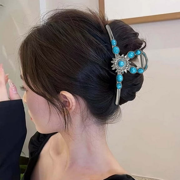 Large Hair Claw Clips 4.5 Inch Turquoise Hair Clip Blue Stone Sun Flower Western Claw Clips for Women Metal Silver Claw Clip Hair Accessories for Thin Thick Curly Hair