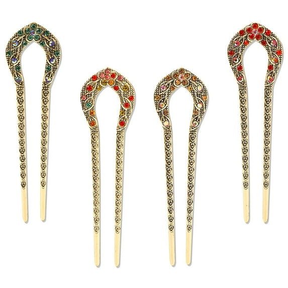 Large Hair Pins,4 Pcs Metal Shaped Chignon Pin French Hair Forks Vintage Double Prong Hair Sticks with Rhinestone Crystal Hairpins for Buns Hair Accessories for Women