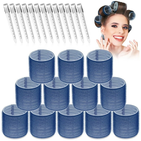 Large Hair Rollers Set - 24pcs with 12 Jumbo Rollers and 12 Clips for Long Thick Hair Volume (Blue)