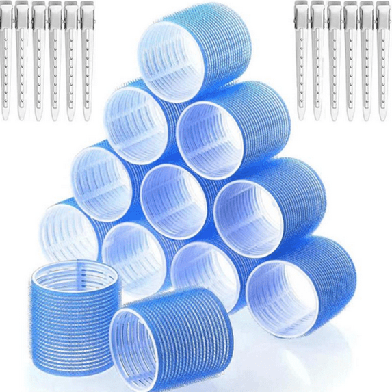 Large Hair Rollers Set Blue - 24 Pieces with 12 Jumbo Rollers and 12 Clips for Long Thick Hair Volume