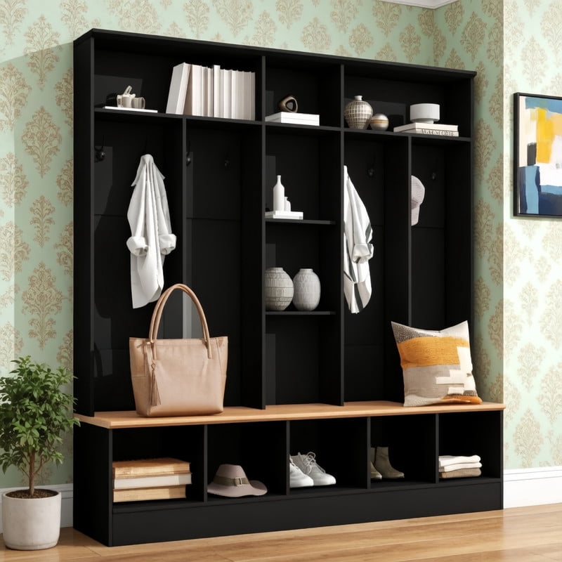 Large Hall Tree with Storage Shoe Bench, Minimalist Cabinet with Cube & Shelves, Home Mudroom Coat Rack with 8 Hooks