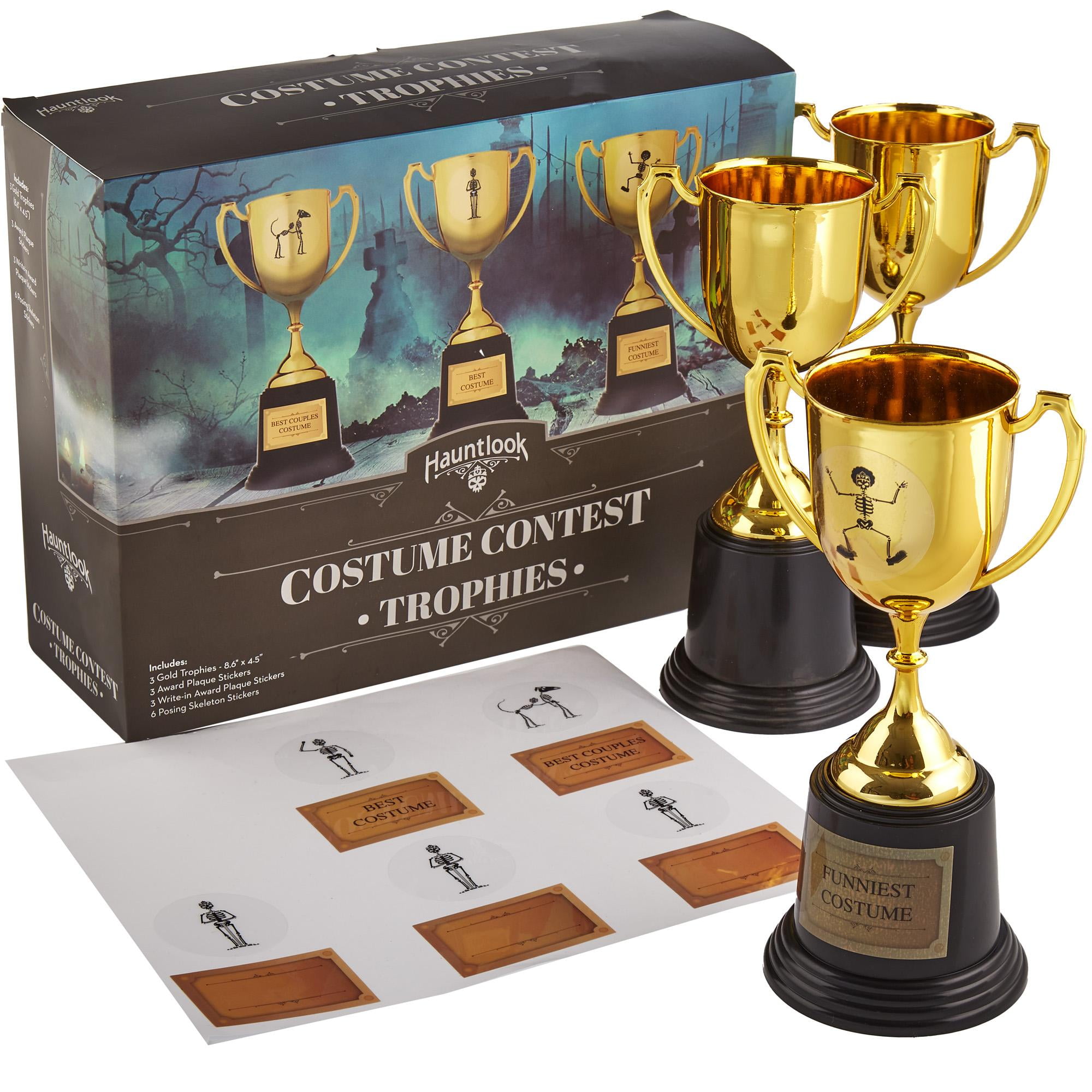 Large Halloween Costume Contest Trophies, 3-Pack - 8.6" x 4.5" Customizable Grand Champion Party Awards & 12 Stickers - Fun for Home, Work, School & Bar Costume Parties Supplies, Games & Decorations