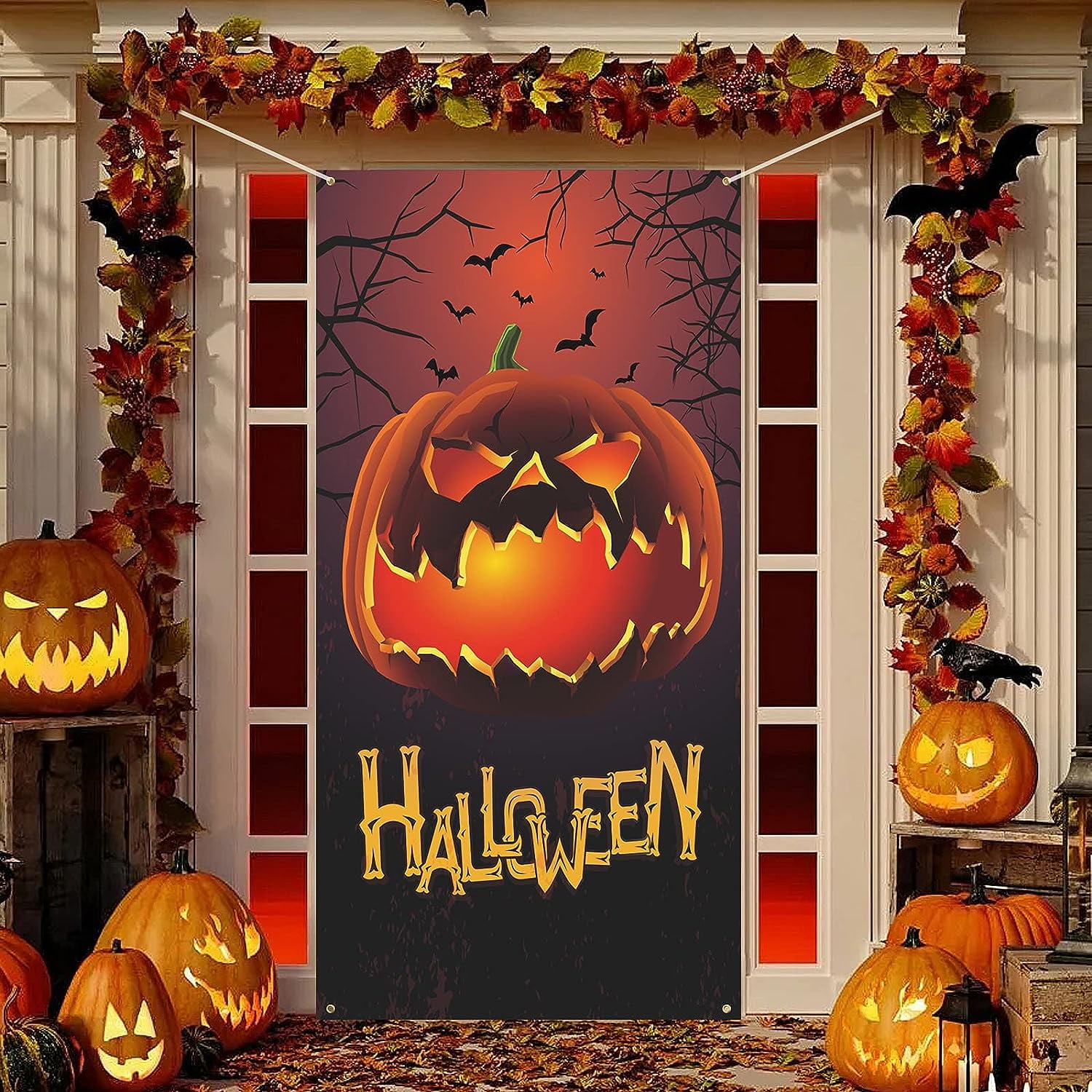 Large Halloween Door Cover Pumpkin Bat Background