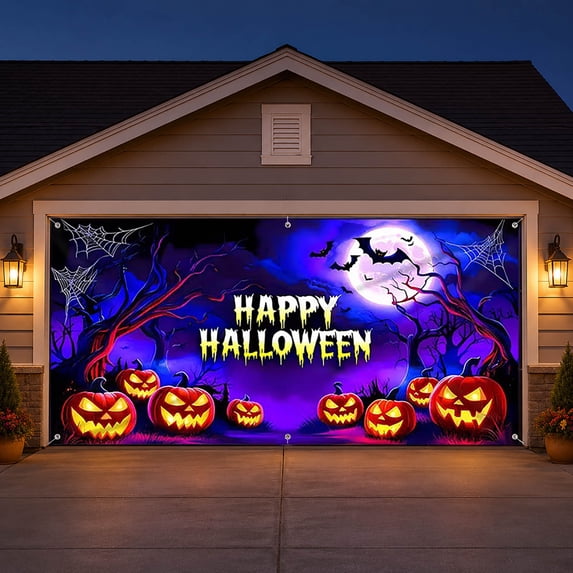 Large Halloween Garage Door Backdrop Pumpkin Bat Moon Print Front Yard Halloween Outdoor Decorations Seasonal Decor Curtain