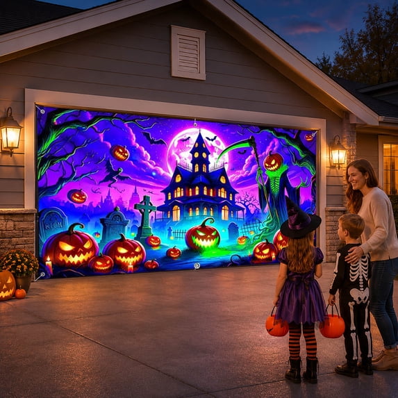 Large Halloween Garage Door Backdrop Pumpkin Bat Moon Print Front Yard Halloween Outdoor Decorations Seasonal Decor Curtain