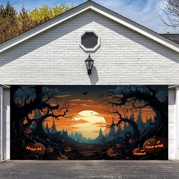 Large Halloween Garage Door Cover 16*7ft, Spooky Witches and Halloween Backdrop Banner, Outdoor Indoor Holiday Decor for Yard Party Wall