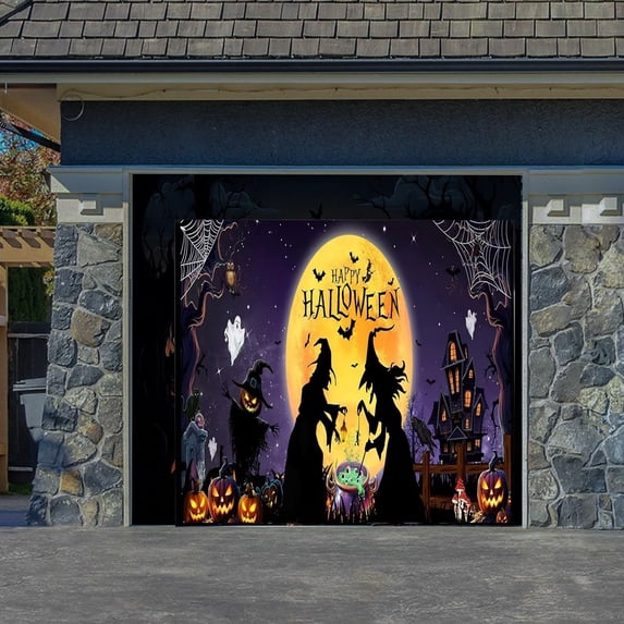 Large Halloween Garage Door Cover 8*7ft, Spooky Witches and Halloween Backdrop Banner, Outdoor Indoor Holiday Decor for Yard Party Wall