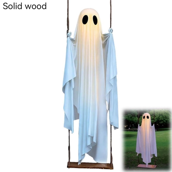 Large Halloween Ghost Decor, Remote Control Light Up Wooden Swing Hanging Prop