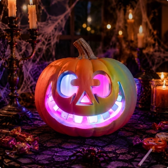 Large Halloween Pumpkin Decor With Multicolor LED Lights Plastic Carved Jack-O-Lantern Indoor Outdoor 13.8 Inch