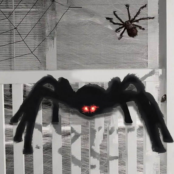 Large Halloween Spider Decorations, Light up LED Eyes Legs Battery Operated Realistic Black Hairy Spider Scary Halloween Decor Outdoor Indoor Spider Web Yard Haunted House Party