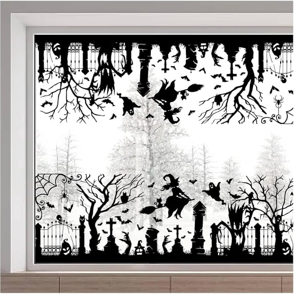 Large Halloween Window Sticker Pumpkin Witch Bats Spider Ghost Static Glass Window Clings Reusable Double Sided Non-Adhesive Window Film for Prevent Birds Strikes Home Room Decoration DIY