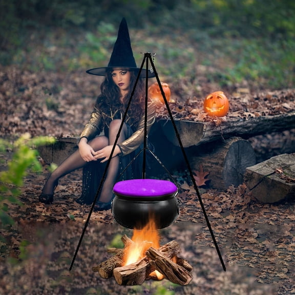 Large Halloween Witch Cauldron Decor with Tripod & Timer Lights, 30.7in Stand 12.6in Wide Pot, Battery Operated LED Copper String Light, Spooky Outdoor Decor for Porch Yard Garden Halloween Party