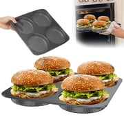 Large Hamburger Bun Pan 4.72 Inch Perforated Commercial Non Stick Carbon Steel Baking Mold 4 Cavity Big Baking Pan for Homemade Hamburger Bun Meat Pie Bread Mini Pizza