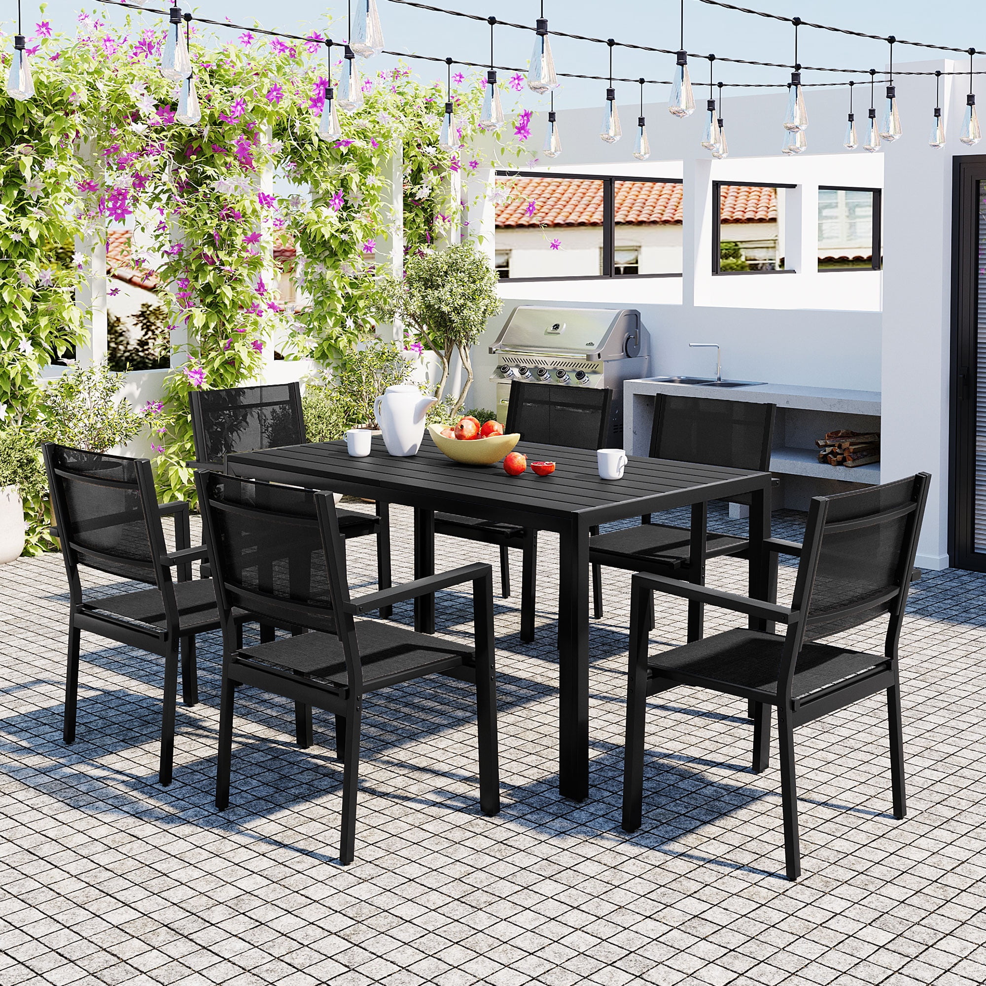 7 Piece Outdoor Dining Set, Patio Dining Table Set for 6 Persons, Garden Patio Textilene Dining Furniture Set with Plastic-Wood Tabletop, Dining Table Chairs Conversation Set for Deck Patio