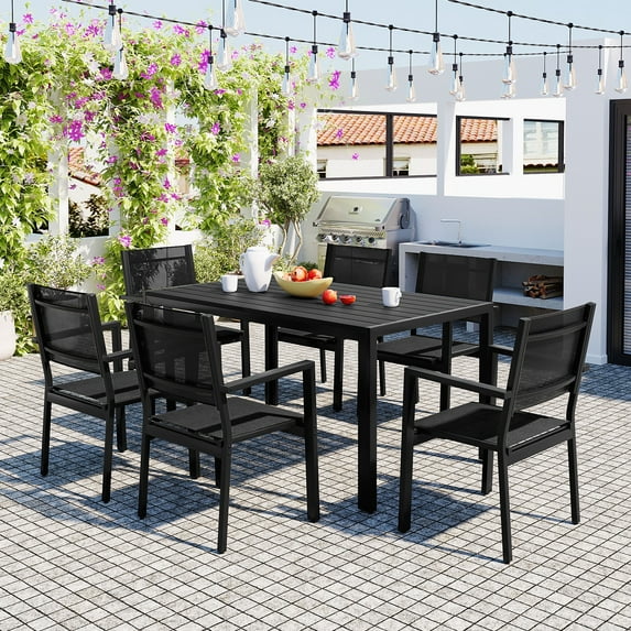 7 Piece Outdoor Dining Set, Patio Dining Table Set for 6 Persons, Garden Patio Textilene Dining Furniture Set with Plastic-Wood Tabletop, Dining Table Chairs Conversation Set for Deck Patio