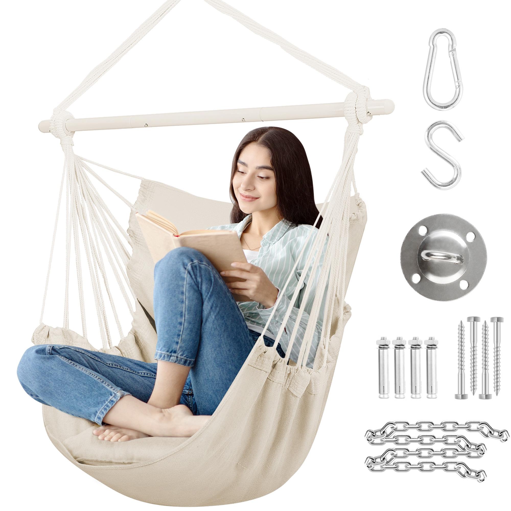 Large Hammock Chair Swing, Relax Hanging Rope Swing Chair with Detachable Metal Support Bar & Two Seat Cushions, Cotton Hammock Chair Swing Seat for Yard Bedroom Patio Porch Indoor Outdoor - image 1 of 10