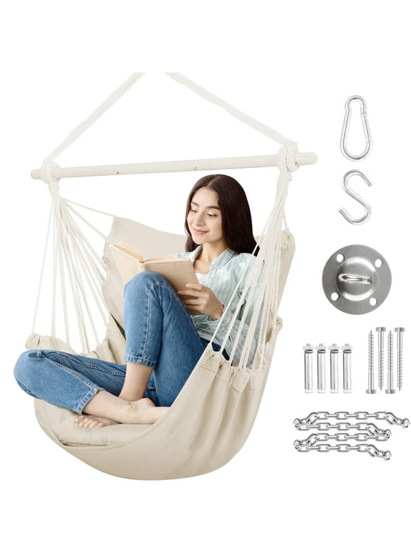 Large Hammock Chair Swing, Relax Hanging Rope Swing Chair with Detachable Metal Support Bar & Two Seat Cushions, Cotton Hammock Chair Swing Seat for Yard Bedroom Patio Porch Indoor Outdoor