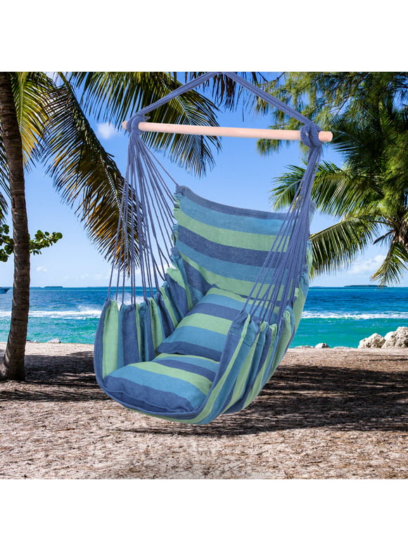 Large Hammock Chair Swing, Relax Hanging Rope Swing Chair with Two Seat Cushions & Carry Bag, Cotton Hammock Chair Swing Seat for Yard Bedroom Patio Porch Indoor Outdoor, B610