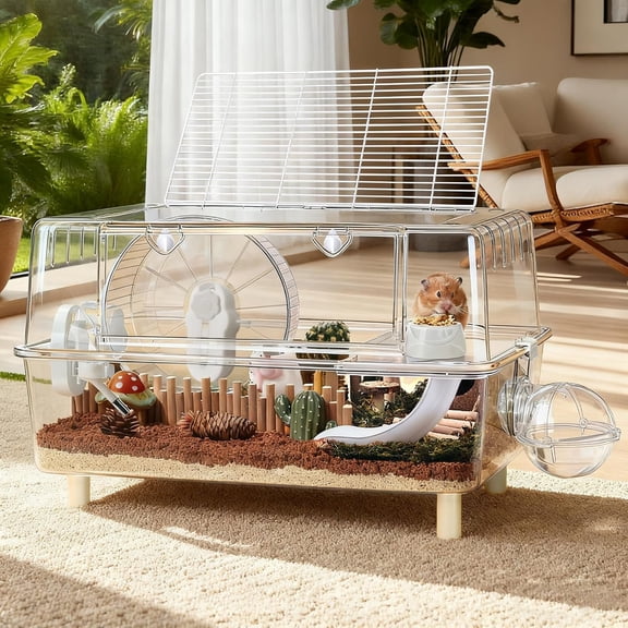 Large Hamster Cage, Clear Hamster Cage with Stand,24.4''L*18.1''W*15.8''H Cage for Mice, Habitat,Hamster Enclosure with Modular Platform,Hamster Starter Kit