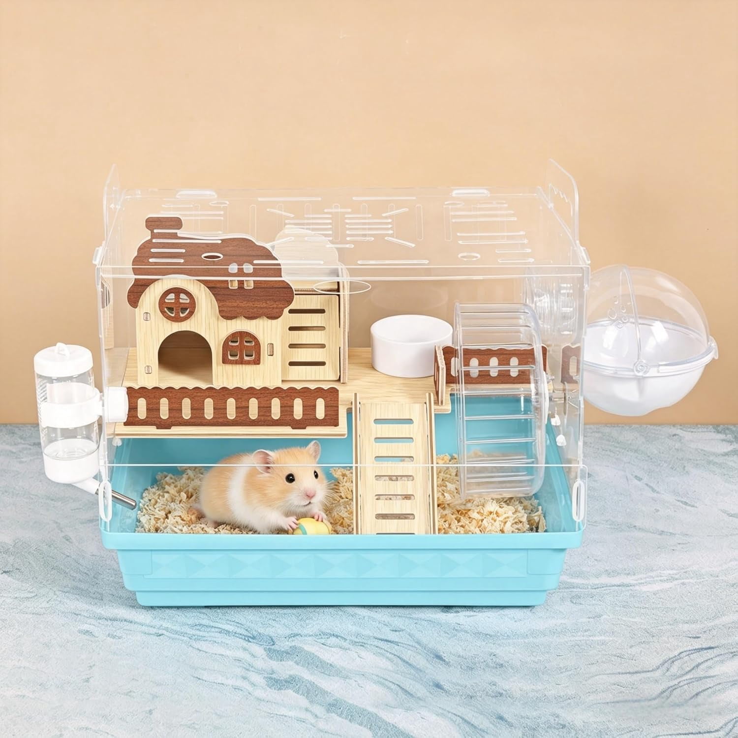 Large Hamster Cage Hamster Enclosure with Hideout, Wheel & Clear Hamster Habitats for  Dwarf Hamster, 3 Tier Animal Gerbil Cage for Pet Mice House, 13.3" L x 9.8" W x 17.4" H