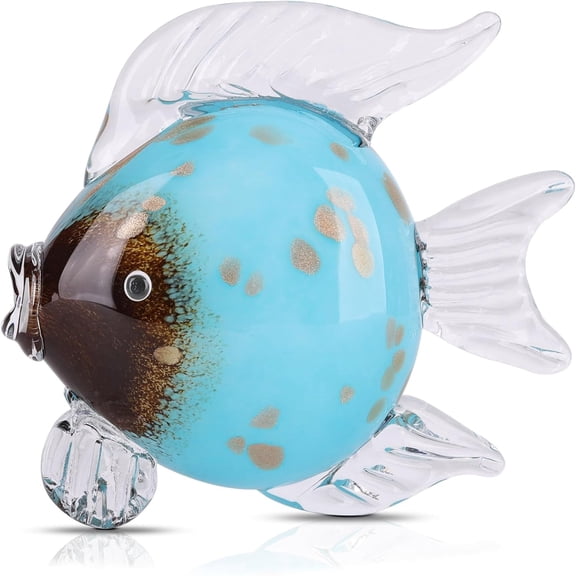 Large Hand Blown Glass Fish Figurines, Aquarium Sea Glass Art, Blue White Fish Statue Sculpture Modern Coastal Accent