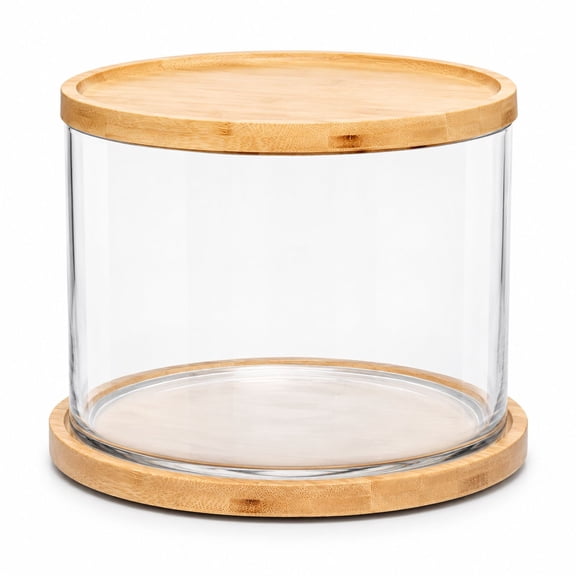 Large Hand-Blown Glass Salad and Trifle Bowl with Bamboo Lid, Clear Glass Serving Bowl for Desserts and Fruit