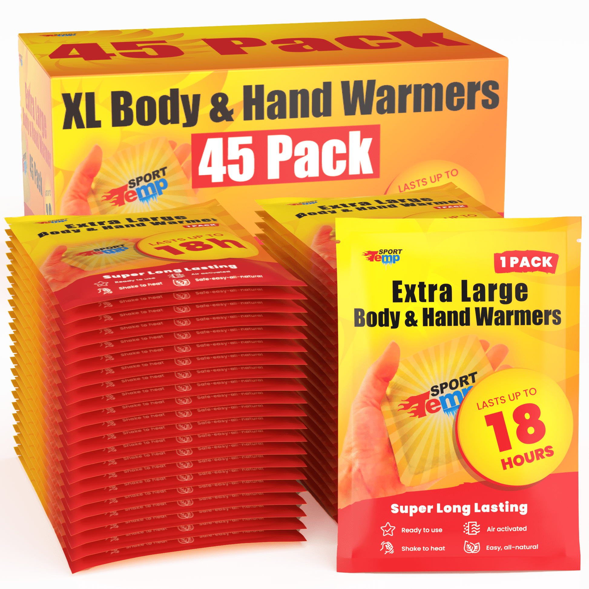 Large Hand & Body Warmers (45 Count) - Up to 18 Hours of Heat, Super Long Lasting - Safe, Easy, All Natural - Air Activated, for Body, Hands & Toes - Odorless Hot Hand Warmer - Sport Temp
