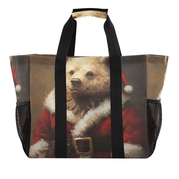 Large Hand-Held Storage Bag Kitchen Reusable Grocery Bags， Travel Tote Bags， Waterproof Tote，Laundry Bag，Beach Bag， Pool Bag A Santa Bear