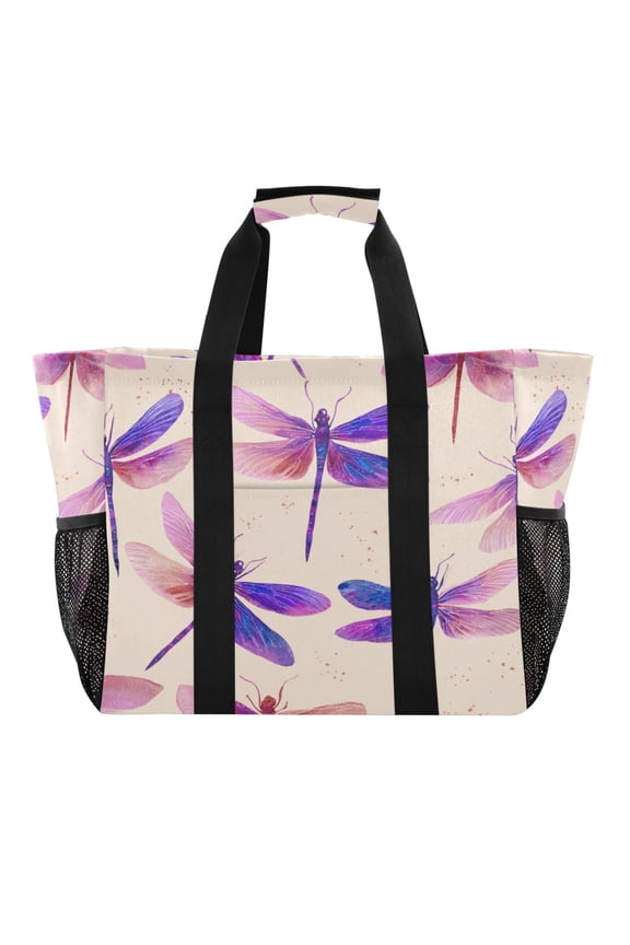 Large Hand-Held Storage Bag Kitchen Reusable Grocery Bags Travel Tote Bags Waterproof ToteLaundry BagBeach Bag Pool Bag Beautiful Purple Dragonfly