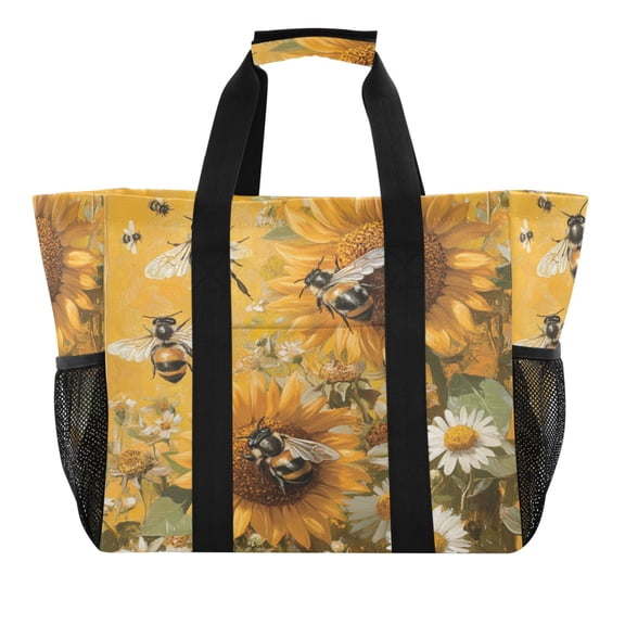 Large Hand-Held Storage Bag Kitchen Reusable Grocery Bags Travel Tote Bags Waterproof ToteLaundry BagBeach Bag Pool Bag Big Yellow Bee
