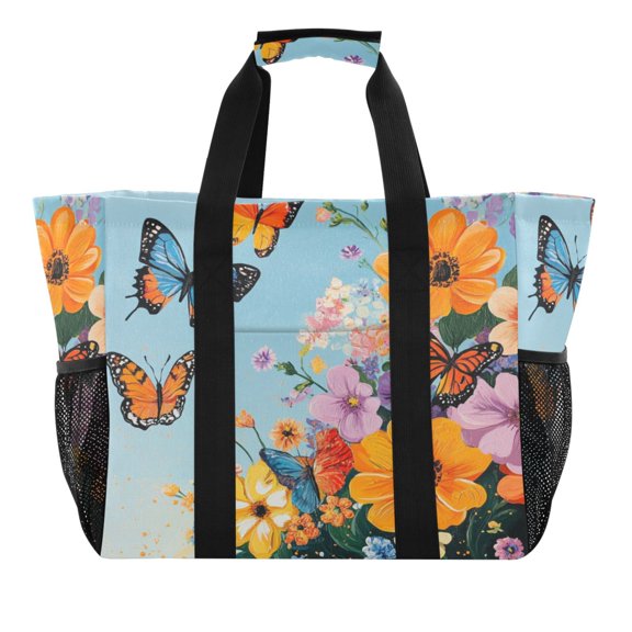 Large Hand-Held Storage Bag Kitchen Reusable Grocery Bags， Travel Tote Bags， Waterproof Tote，Laundry Bag，Beach Bag， Pool Bag Blue Flowers and Butterflies