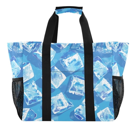 Large Hand-Held Storage Bag Kitchen Reusable Grocery Bags， Travel Tote Bags， Waterproof Tote，Laundry Bag，Beach Bag， Pool Bag Blue Ice Cube