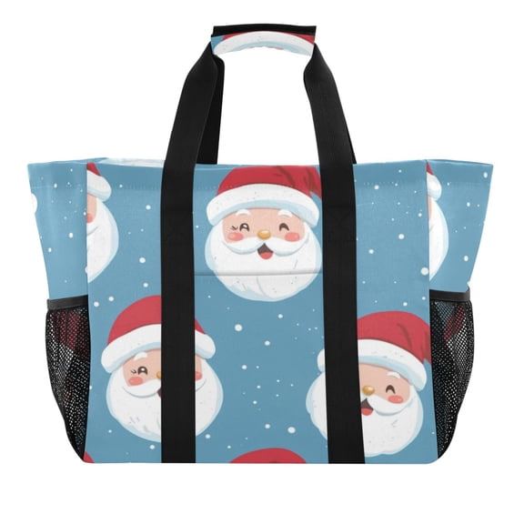 Large Hand-Held Storage Bag Kitchen Reusable Grocery Bags， Travel Tote Bags， Waterproof Tote，Laundry Bag，Beach Bag， Pool Bag Blue Santa Face