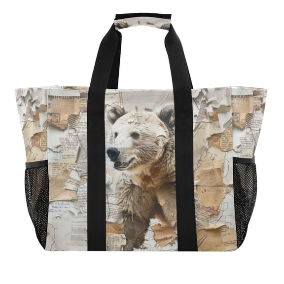 Large Hand-Held Storage Bag Kitchen Reusable Grocery Bags, Travel Tote Bags, Waterproof Tote,Laundry Bag,Beach Bag, Pool Bag Brown Bear and Brown Paper