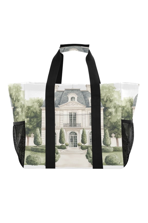 Large Hand-Held Storage Bag Kitchen Reusable Grocery Bags Travel Tote Bags Waterproof ToteLaundry BagBeach Bag Pool Bag Cartoon and Beautiful Villa