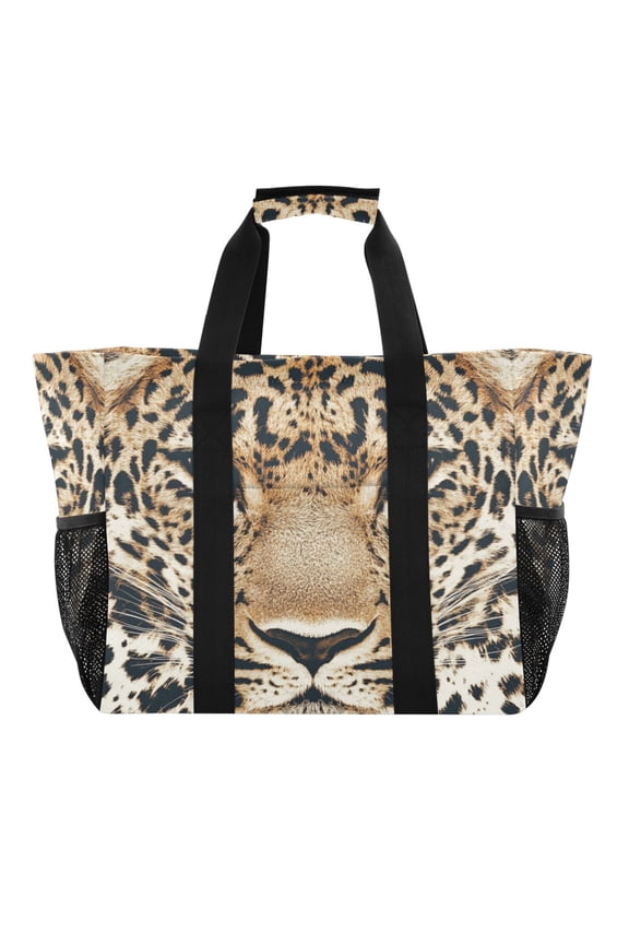 Large Hand-Held Storage Bag Kitchen Reusable Grocery Bags Travel Tote Bags Waterproof ToteLaundry BagBeach Bag Pool Bag Cartoon Leopard Face