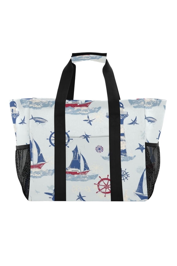 Large Hand-Held Storage Bag Kitchen Reusable Grocery Bags Travel Tote Bags Waterproof ToteLaundry BagBeach Bag Pool Bag Cartoon Lighthouse and Boat