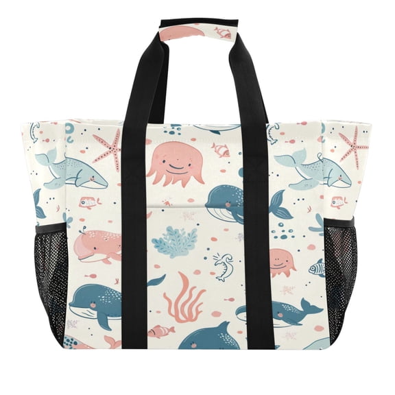 Large Hand-Held Storage Bag Kitchen Reusable Grocery Bags， Travel Tote Bags， Waterproof Tote，Laundry Bag，Beach Bag， Pool Bag Cartoon Marine Fish